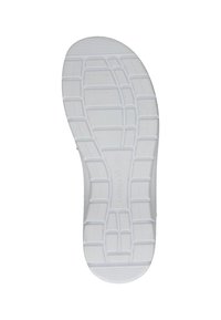 Biała guma podeszwy buta z teksturowanym wzorem, w którego skład wchodzą prostokątne i kwadratowe kształty, rowki oraz centralne logo.