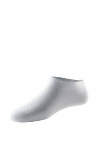 Weißer knöchellanger Socken, hervorgehoben vor einem schlichten weißen Hintergrund, der die Textur und die elastischen Bündchendetails zeigt.