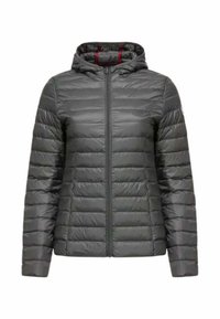 Dunkelgraue Puffjacke mit Reißverschluss, Kapuze und gestepptem Design. Verfügt über horizontale Nähte und ein glattes, leichtes Material.