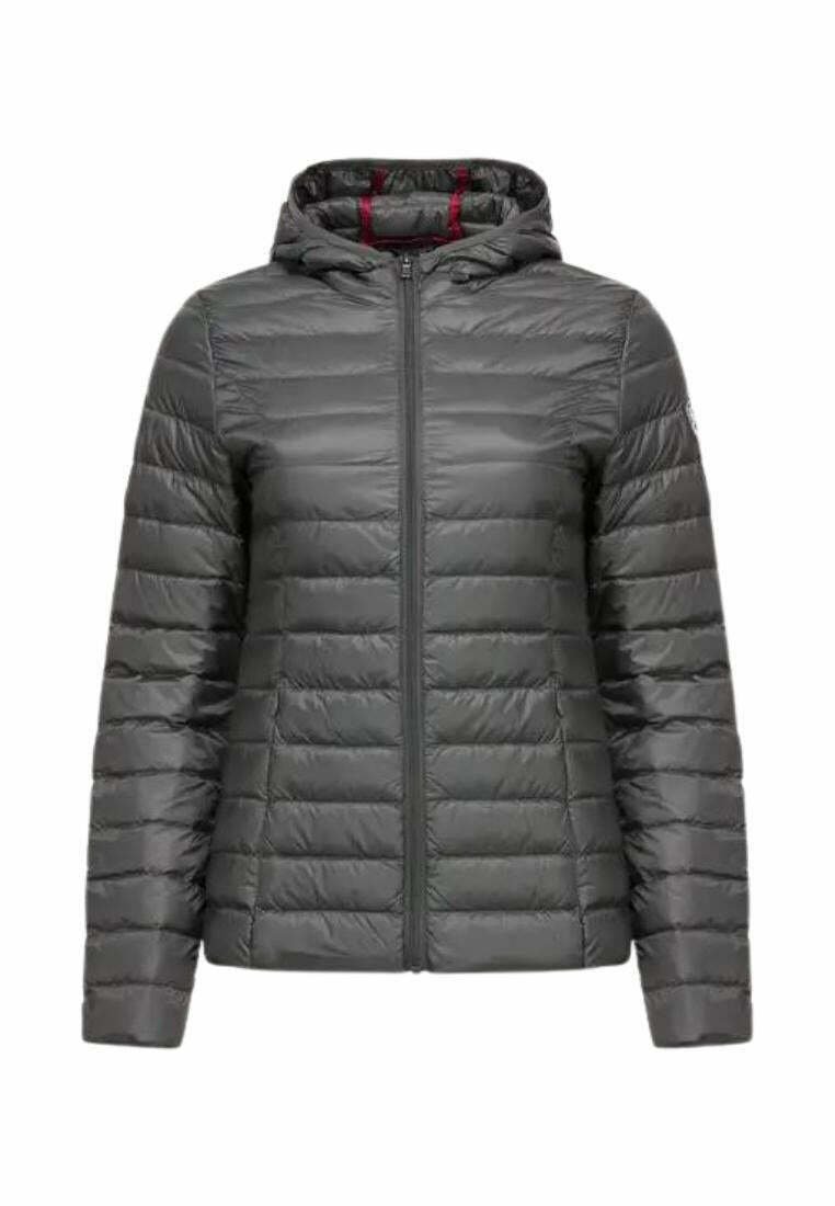 Dunkelgraue Puffjacke mit Reißverschluss, Kapuze und gestepptem Design. Verfügt über horizontale Nähte und ein glattes, leichtes Material.