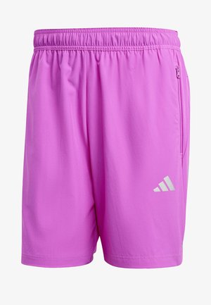 Roze sportshorts met een elastische tailleband en een zijzak met rits. Bevat een reflecterend logo aan de linkerkant. Gladde stoftextuur.