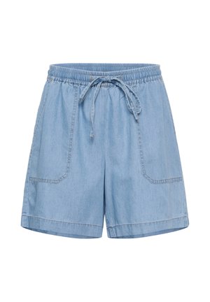 Vaaleansiniset farkkushortsit, joissa joustava vyötärönauha ja säädettävä nyöri. Edessä suuret tarrataskut ja suora helma.