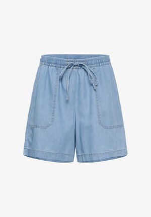 Shorts en denim bleu clair avec taille élastique et cordon de serrage réglable, dotés de grandes poches plaquées frontales et d'un ourlet droit.