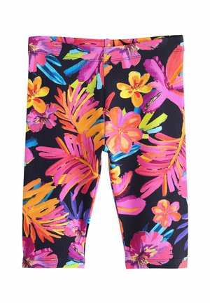 Schwarze Shorts mit lebhaftem tropischem Blumenmuster in hellen Pink-, Orange-, Gelb-, Blau- und Grüntönen.