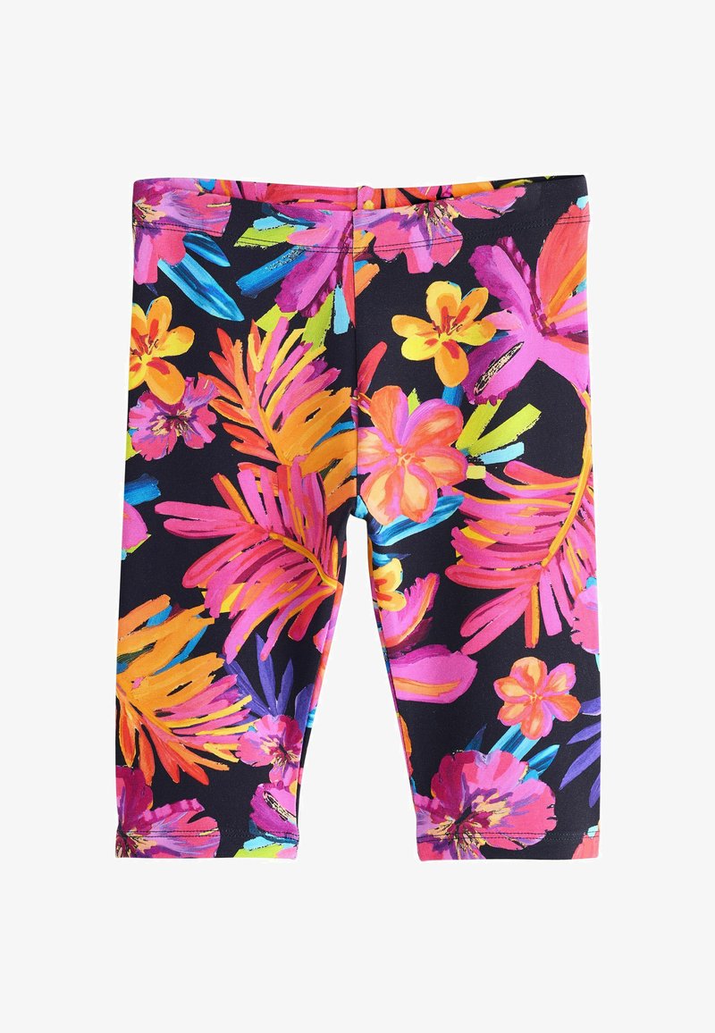Juodi šortai su ryškiu tropiniu gėlių raštu ryškiai rožiniais, oranžiniais, geltonais, mėlynais ir žaliais atspalviais.