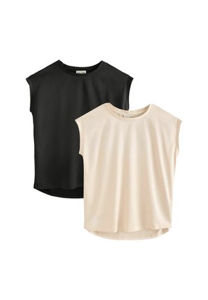 Dos tops sin mangas con cuello redondo, uno negro y otro beige, mostrados superpuestos sobre un fondo blanco.