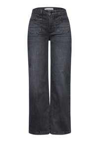 Jeans de pierna ancha en denim gris oscuro. Con una cintura alta, dos bolsillos frontales y costuras sutiles. Textura suave con un diseño clásico.