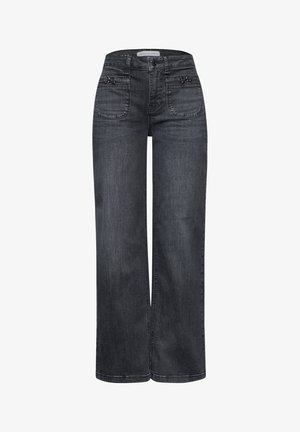 Weite Jeans in dunkelgrauem Denim. Mit hoher Taille, zwei Fronttaschen und dezenter Naht. Glatte Textur mit klassischem Design.