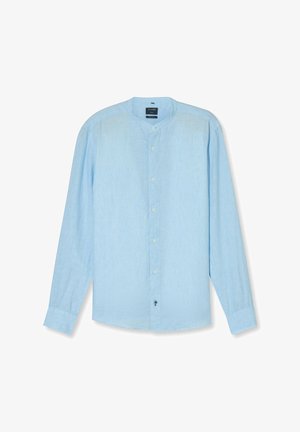 Lichtblauwe blouse met lange mouwen, een ronde halslijn, knoopsluiting en een gestructureerde stof. Zachte katoenen stof met een subtiele glans.