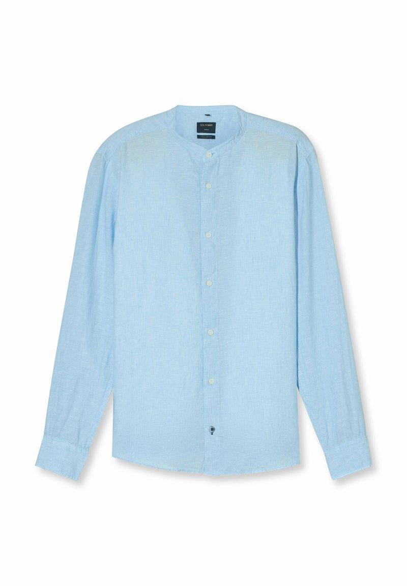 Lichtblauwe blouse met lange mouwen, een ronde halslijn, knoopsluiting en een gestructureerde stof. Zachte katoenen stof met een subtiele glans.