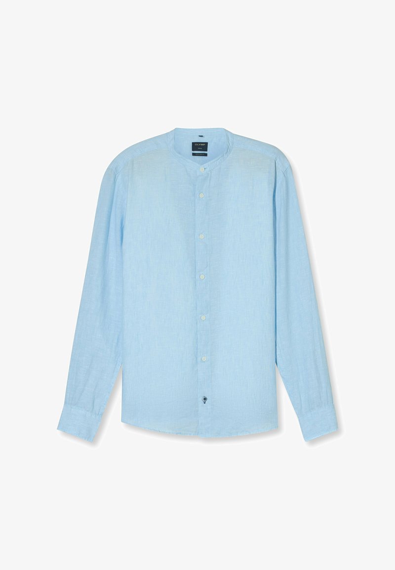 Lichtblauwe blouse met lange mouwen, een ronde halslijn, knoopsluiting en een gestructureerde stof. Zachte katoenen stof met een subtiele glans.