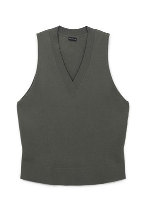 Ärmelloses V-Ausschnitt-Oberteil aus dunkelgrünem Strickstoff, mit einer figurbetonten Passform und geripptem Saum. Minimalistischer Stil ohne zusätzliche Muster oder Akzente.