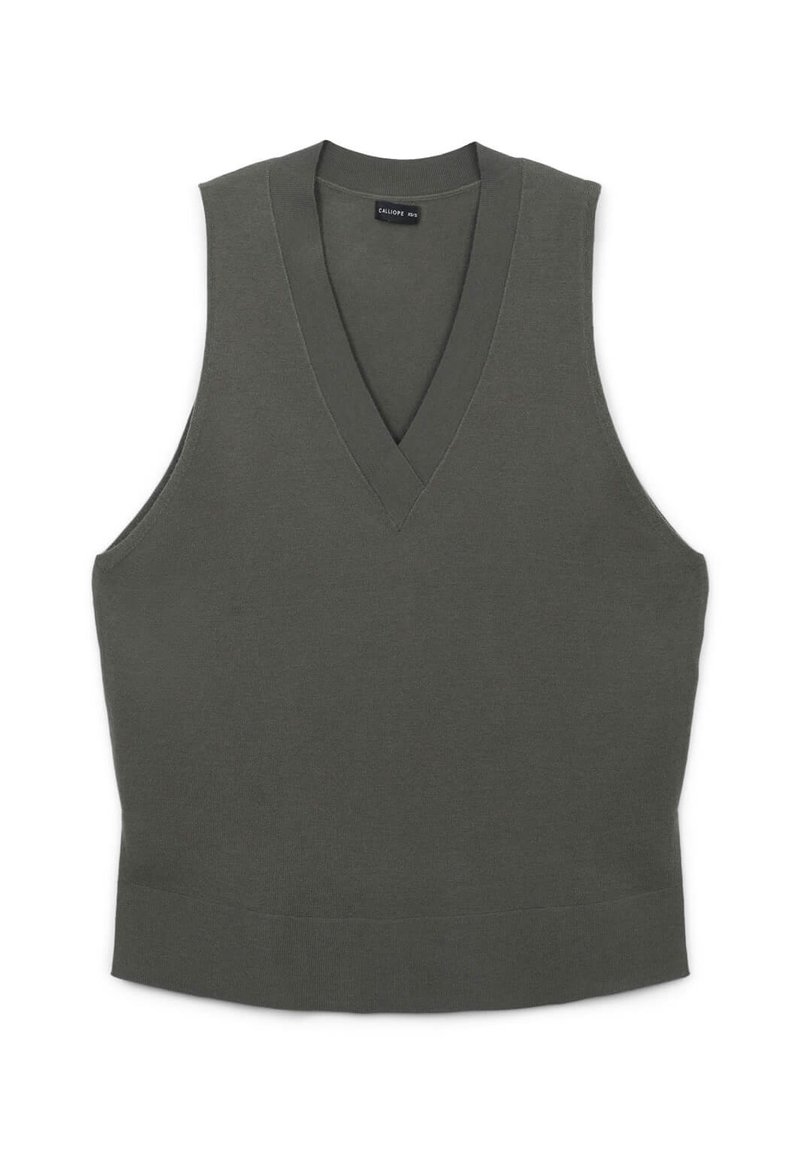 Top senza maniche a V in tessuto lavorato verde scuro, caratterizzato da un design aderente e un orlo a coste. Stile minimalista senza ulteriori motivi o accenti.