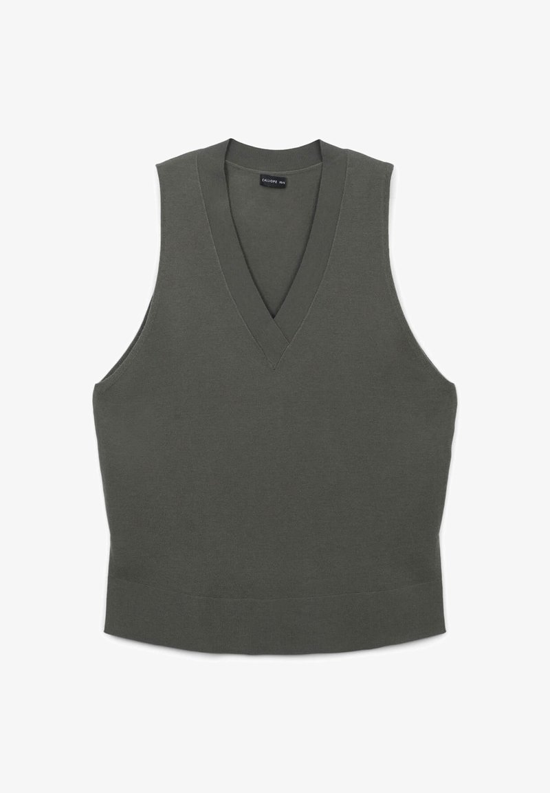 Top senza maniche a V in tessuto lavorato verde scuro, caratterizzato da un design aderente e un orlo a coste. Stile minimalista senza ulteriori motivi o accenti.