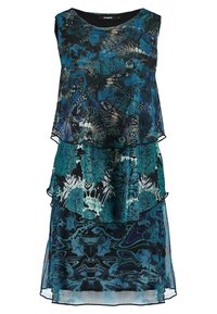 Vestido sin mangas con diseño en capas que presenta patrones florales en azul y verde azulado, con un forro transparente y falda sólida. Tejido ligero.