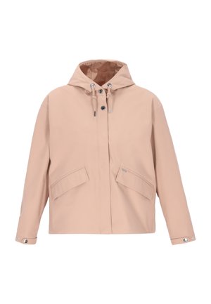 Lyserød vandtæt jakke med hætte, forsynet med knappede knapper foran, to store sidelommer og justerbare manchetter. Glat tekstur.