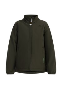 Giacca softshell verde scuro con colletto alto, zip frontale completa, due tasche laterali e un logo sul petto. Presenta cordini regolabili.