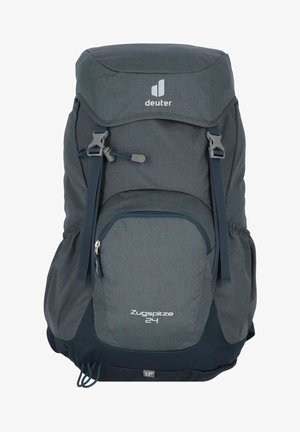 Deuter Zugspitze 24 Rucksack aus dunkelgrauem Stoff, ausgestattet mit verstellbaren Trägern, Klappe oben, Seitentaschen und einer vorderen Reißverschlusstasche.