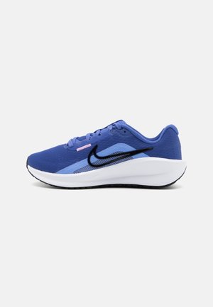 Blue athletic running shoe with black Nike swoosh, light blue accents, white midsole, and black outsole on a neutral background.