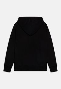 Black sweatshirt with hood, made of soft fabric. Features ribbed cuffs and hem, no visible prints or accents. Smooth texture.
