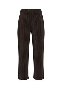 Pantalon large plissé marron foncé avec taille élastique et ourlets festonnés, présenté sur fond blanc.