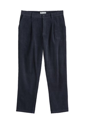 Navy corduroy trousers with a ribbed texture, featuring a straight leg, side pockets, and a button closure at the waist.