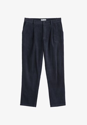 Pantalons en velours côtelé navy avec une texture ribbed, dotés de jambes droites, de poches latérales et d'une fermeture à bouton à la taille.
