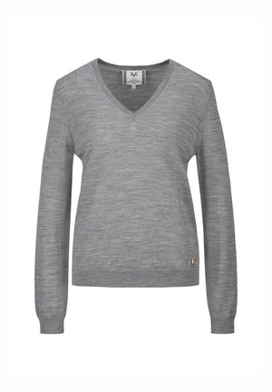 Pull gris clair à manches longues avec col en V, poignets et ourlet côtelés, petite étiquette logo en métal près de l'ourlet, présenté sur fond blanc.
