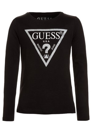 Sort langærmet skjorte med sølvglitrende trekantet logo og hvid tekst "GUESS U.S.A WASHED JEANS" centreret foran.