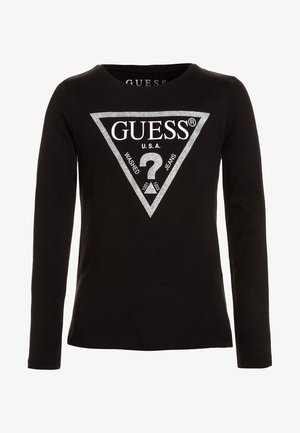 Czarna koszula z długim rękawem z srebrnym, błyszczącym trójkątnym logo oraz białym napisem "GUESS U.S.A WASHED JEANS" umieszczonym na środku z przodu.