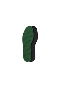 Shoe insole with green patterned top side featuring "Activated Carbon" text and black underside with perforations for breathability.
