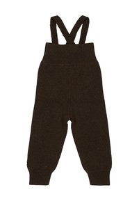 Braun gestrickte Latzhose mit verstellbaren Schulterträgern, geripptem Bund und schmal zulaufenden Beinen. Strukturierter Stoff mit weicher Haptik.