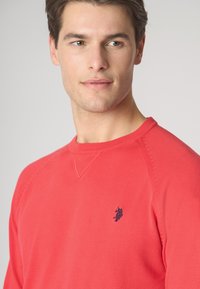 Maglione rosso a maglia con scollo rotondo, polsini a coste e un piccolo logo blu navy sul petto. Tessuto liscio, vestibilità rilassata e design casual.