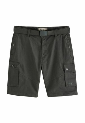 Bermudas de cargo de color gris oscuro con un tejido texturizado, múltiples bolsillos, un bolsillo con cremallera y un cinturón con una hebilla rectangular. Diseño rectangular.