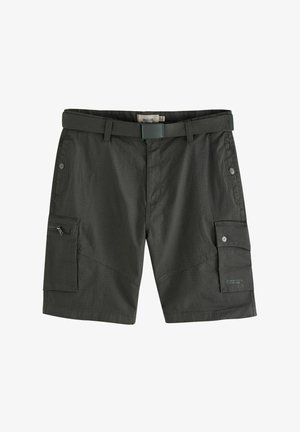 Bermudas de cargo de color gris oscuro con un tejido texturizado, múltiples bolsillos, un bolsillo con cremallera y un cinturón con una hebilla rectangular. Diseño rectangular.