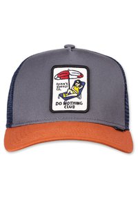 Gray and navy trucker cap with an orange brim. Features an embroidered patch depicting a person lounging under an umbrella with text.
