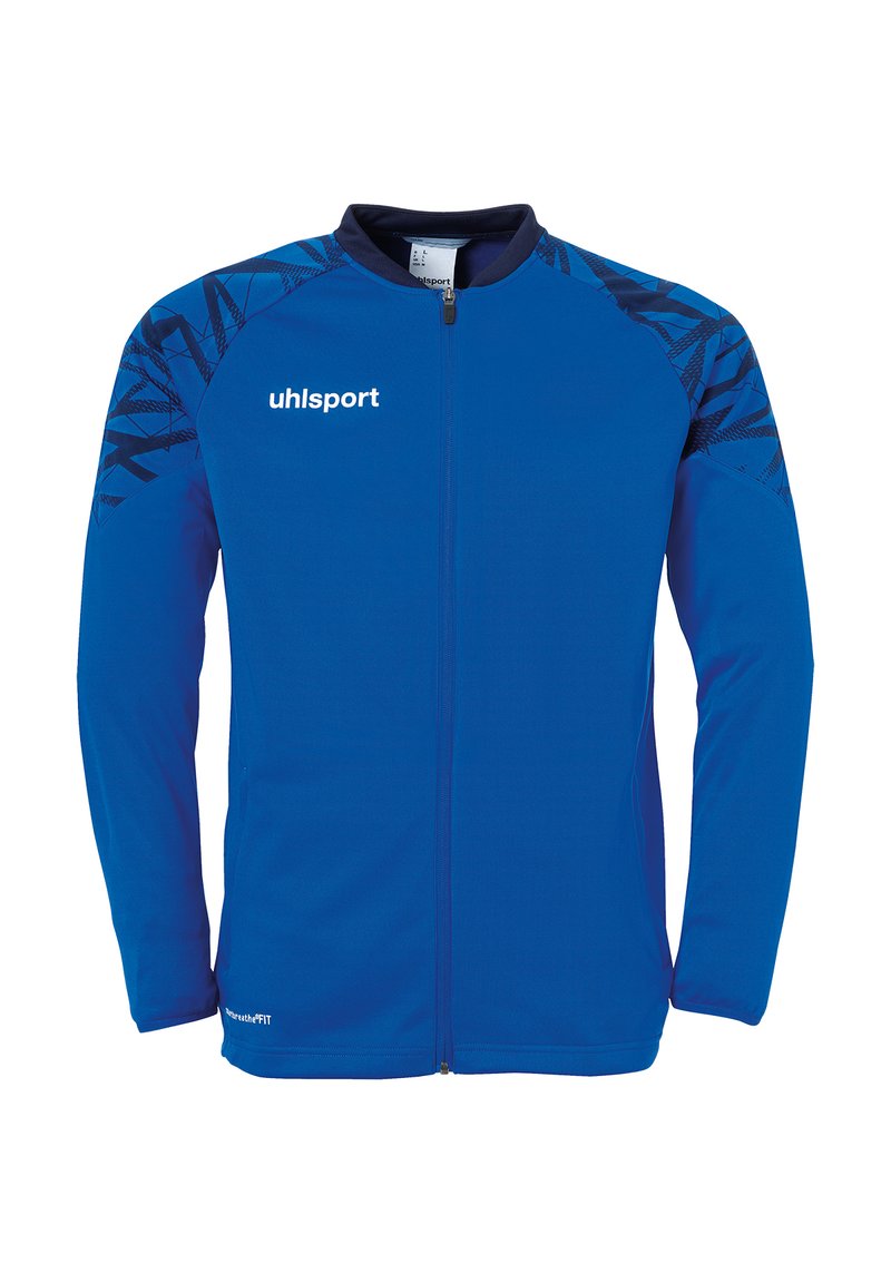 Veste de sport bleue avec manches longues, fermeture éclair intégrale et motif géométrique sombre sur les épaules. Fabriquée en tissu léger et respirant.