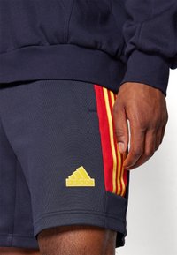 Námorní modré kraťasy s červenými a žlutými pruhy na bocích. Obsahují prošívané žluté logo Adidas na dolním lemu. Jemná textura látky.