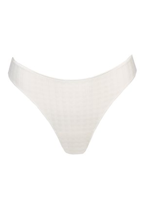 White thong underwear made of patterned sheer fabric, featuring a smooth trim and a minimalist design with a low-rise waist.