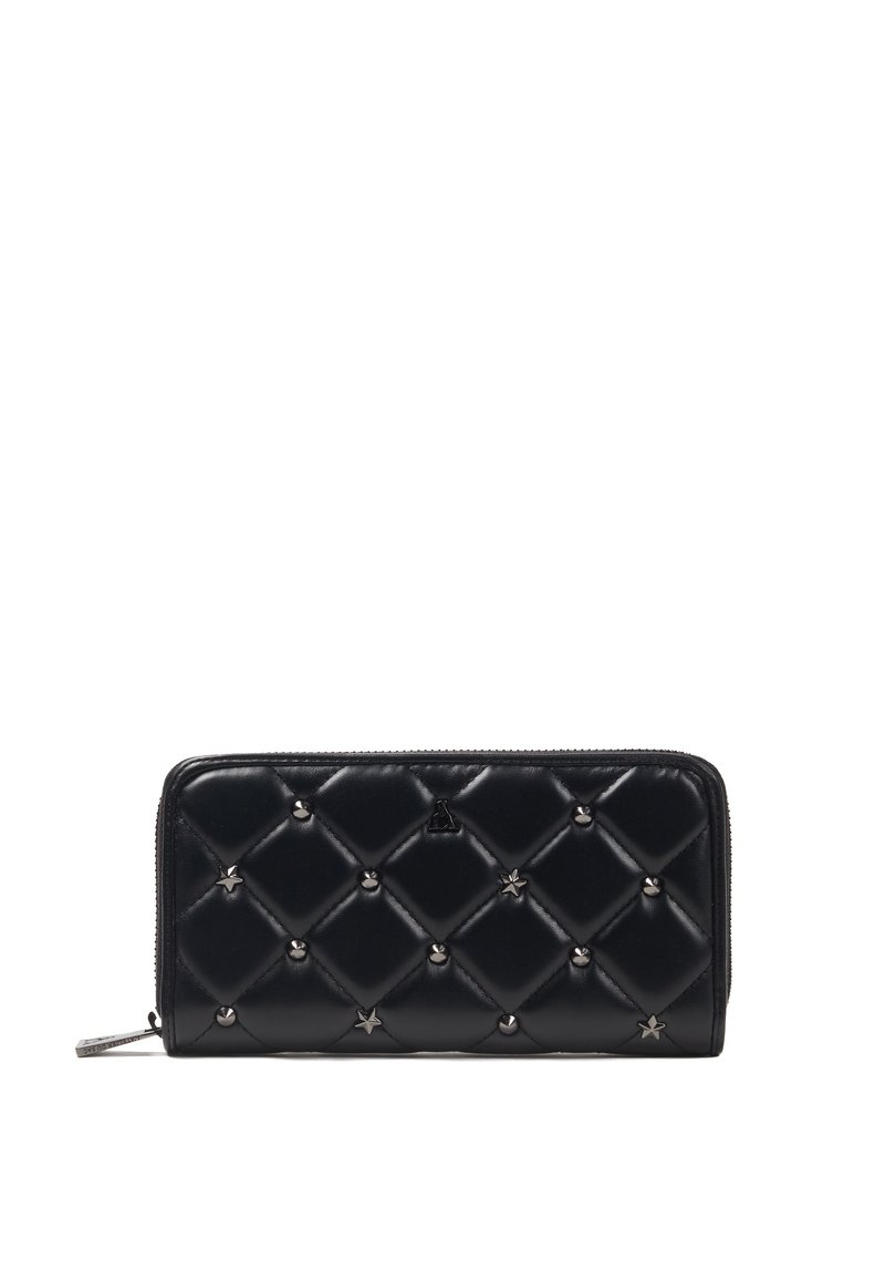 Czarny haftowany skórzany portfel z gwiazdowymi ćwiekami i metalowymi akcentami. Posiada zamek błyskawiczny i fakturowaną powierzchni�ę.