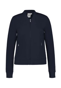 Veste de bombardier navy en tissu lisse, dotée d'une fermeture éclair à l'avant, de deux poches latérales et de poignets et d'un ourlet côtelés, avec un design minimaliste.