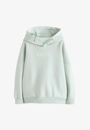 Jasnozielona bluza z kapturem i sznurkiem, ściągaczami przy rękawach i u dołu, oraz białym logo "BAKER" z przodu. Miękka tkanina i luźny krój.