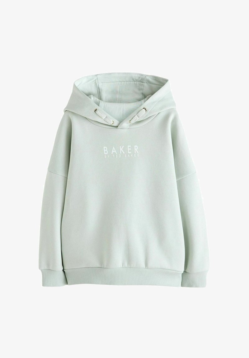 Hellgrüner Hoodie mit Zugkordelkapuze, gerippten Bündchen und Saum sowie weißem "BAKER"-Logo auf der Vorderseite. Weicher Stoff und lässige Passform.