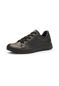 Black leather sneakers with round toe, textured surface, and lace-up design. Features a rubber sole and subtle branding on the side.
