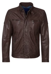 Hnědá kožená bunda s vysokým límcem, prošívanými akcenty na ramenou, čtyřmi kapsami na zip a mírně opotřebovanou texturou.