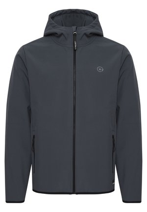 Kapuzejacke in Dunkelgrau, aus glattem, wetterbeständigem Material gefertigt. Verfügt über einen vorderen Reißverschluss, Seitentaschen und ein minimalistisches Logo-Detail.