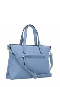 Borsa sintetica azzurro chiaro con doppi manici superiori, tracolla staccabile e tasca anteriore con zip. Accenti in nero.