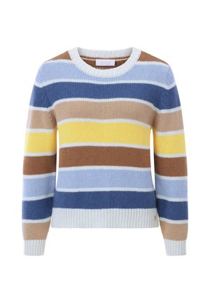 Striped knit sweater featuring blue, yellow, brown, and white colors. Rounded neckline and ribbed hem. Soft texture and lightweight material.