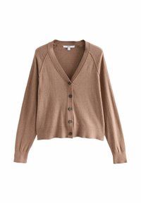Brun cardigan med v-udskæring, lange raglanærmer og knaplukning. Fremstillet af blødt materiale med en glat tekstur.
