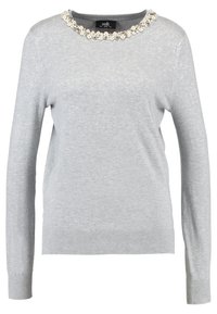 Pull gris à manches longues, col rond orné de fausses perles et de pierres décoratives. Texture douce, matériau léger.